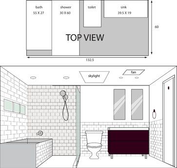 illustrated layout for bathroom - modern - drawings - los angeles - Natalie Zigal Bathroom Elevation Drawing, Divided Bathroom, Bathroom Elevation, Shower Drawing, Room Elevation, Japanese Bathroom Design, Japanese Bathroom, Bathroom Layouts, Bathroom Dimensions