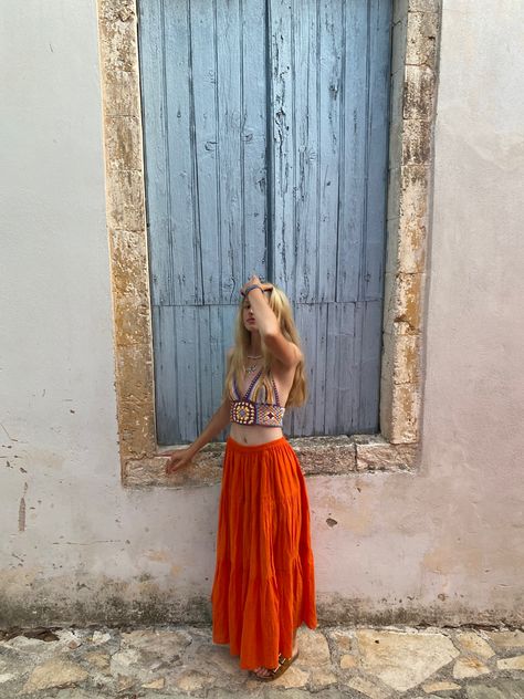 Greek Outfit, Journal Clothes, A Line Long Skirt, Maxi Skirt Casual, Greece Outfit, Boho Maxi Skirt, Beachy Outfits, Bachelorette Outfits, Skirt Casual