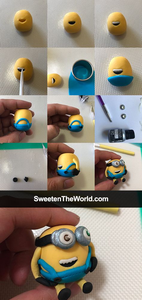 Pictorials how to make fondant Minion Figurine - Bob, easy to make a beautiful cake topper for your next Minion cake Minion Pasta, Fondant Minions, Easy Polymer Clay, Minion Cake, Fondant Cupcakes, Cute Polymer Clay, Beautiful Cake, Art Lesson, Marzipan