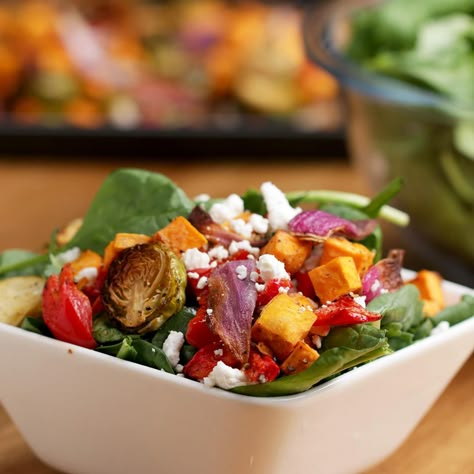 Roasted Veggie Salad With Maple Balsamic Vinaigrette Recipe by Tasty Roasted Lettuce, Maple Balsamic Vinaigrette, Roasted Veggie Salad, Balsamic Vinaigrette Recipe, Roasted Chickpea, Maple Balsamic, Resep Salad, Satisfying Salads, Roasted Shrimp