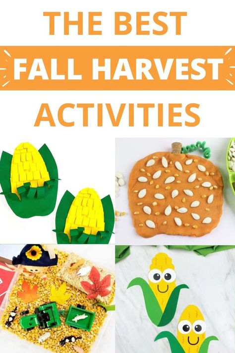 best fall harvest activities - corn sensory bin, corn paper crafts and playdough pumpkin art Harvest Activities For Kids, Fall Harvest Activities, Preschool Harvest Activities, Preschool Harvest Theme, Harvest Preschool, Harvest Crafts For Kids, Fall Crafts For Preschoolers, Preschool Harvest, Fall Playdough