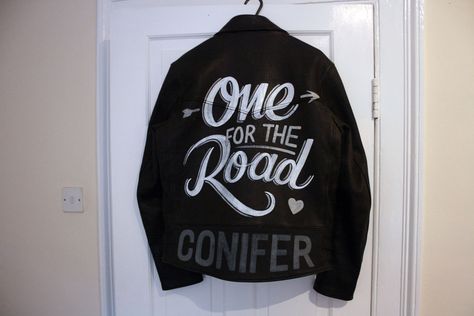 One for the Road | painted leather jacket by Ornamental Conifer Arctic Monkeys Merch, Ornamental Conifer, Monkey Jacket, Jacket Painting, Hand Painted Leather Jacket, One For The Road, Painted Leather Jacket, Cut Clothes, Alex Turner