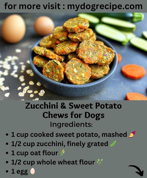 Homemade dog food recipes | Zucchini & Sweet Potato Chews for Dogs 🥒🍠 | Facebook Zucchini Dog Treat Recipes, Sweet Potato Chews For Dogs, Sweet Potato Mashed, Recipes Zucchini, Salmon And Sweet Potato, Doggie Treats, Sweet Potatoes For Dogs, Cooking Sweet Potatoes, Sweet Potato Chips