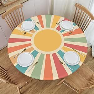 FATTTYCY Round Table Cloth Boho Rainbow Sun Tablecloth Elastic Edge Fitted Table Cover Fits Tables Up to 40"-44" Diameter Tablecloth Alternatives, Dining Table Decor Modern, Kids Church Decor, Round Table Cloth, Tablecloth Round, Fitted Table Cover, Fitted Tablecloths, Round Table Covers, Summer Tables