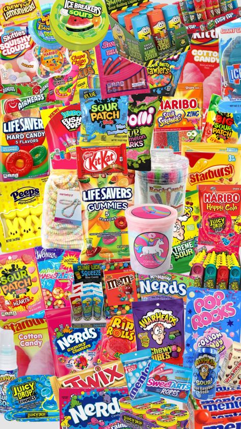 Candy!! #summer #trending #preppy #homedecor #outfitinspo #beauty #wallpaper #sports #funny Candy Collage, Snack Room, 90s Candy, Uk Sweets, Candy Salad, Rainbow Snacks, Brownie Packaging, Fun Sleepover Games, Popular Candy