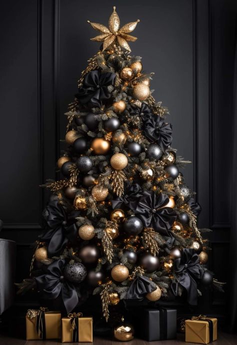 Black And Gold Christmas Tree Decor, Christmas Tree Black Decorations, Black Tree Decorating Ideas, Modern Black Christmas Tree, All Black Christmas Tree, Black Tree Christmas, Black Christmas Tree Decorations Ideas, Christmas Tree Black And Gold, Cozy Living Room Corner