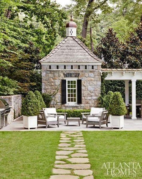 A stone pathway leads to the perfect outdoor patio and charming stone poolhouse. House Elements, Atlanta Homes, Porch Patio, Outdoor Rooms, Pool Houses, Outdoor Design, Pool House, Clematis, Arbor