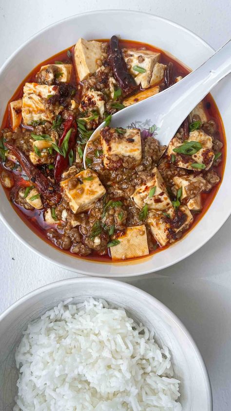 Vegan Mapo Tofu - The Foodie Takes Flight Protein Entrees, Tofu Spicy, Mapo Tofu, Sichuan Pepper, Tofu Dishes, Vegan Asian, Vegan Beans, Vegan Kitchen, Chili Oil