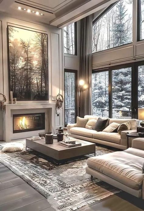 Fireplace In Tall Living Room, Living Room With Tall Windows, Large Tall Wall Decor Living Room, Chimney Living Room Ideas, Forest Living Room Aesthetic, Tall Windows Living Room High Ceilings, Black White And Beige Living Room, Large Sectional Living Room, Bosnia Pyramid