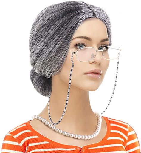 Amazon.com: Old Lady Custume Set-Grandmother Wig,Wig Caps,Madea Granny Glasses, Eyeglass Retainer Chain,Pearl Necklace(5 Pieces) Fits All (Style-8): Clothing Old Person Costume, Mrs Santa Claus Costume, Granny Wig, Granny Costume, Granny Glasses, Chain Pearl Necklace, Old Lady Costume, 60 Year Old Woman, Wig Party