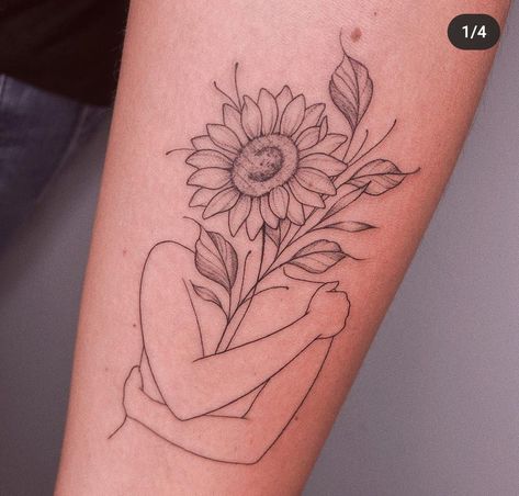 Self Love Sunflower Tattoo, Shoulder Tattoos For Women Line Work, Lady With Sunflower Head Tattoo, Sunflower Head Tattoo, Coco Tattoo, Feminin Tattoos, Back Of Arm Tattoo, Small Shoulder Tattoos, The Best Tattoos