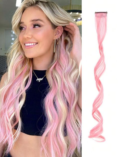 Pink  Collar  Synthetic Fiber  Clip-In Hair Extensions Embellished   Wigs & Accs Colorful Hair Extensions Ideas, Pink Clip In Hair Extensions, Color Hair Extensions Ideas, Pink Extensions Hair, Pink Extensions, Colored Extensions, Braids In The Front Natural Hair, Blue Hair Extensions, Concert Hair