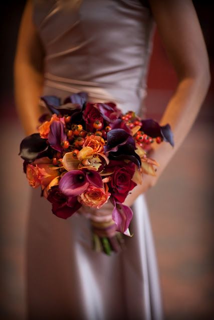 Gorgeous against silver ... Do you have to wear white? ;-) Eggplant and Pumpkin. These are definitely my colors. Purple Bouquets, Mini Calla Lilies, Romantic Wedding Inspiration, Purple Wedding Flowers, Cymbidium Orchids, Fall Wedding Bouquets, Fall Wedding Flowers, Wedding Inspiration Fall, Halloween Wedding