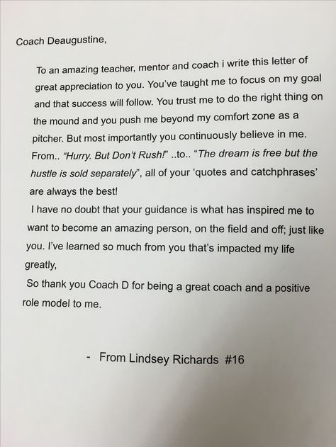 Goodbye Letter To Coach, Letters To Coaches Thank You, Goodbye Letters To Teacher, Thank You Letter To Coach, Senior Night Speech Ideas Sports, Senior Speech Ideas Sports, Coach Appreciation Quotes, Softball Coach Quotes, Softball Letters