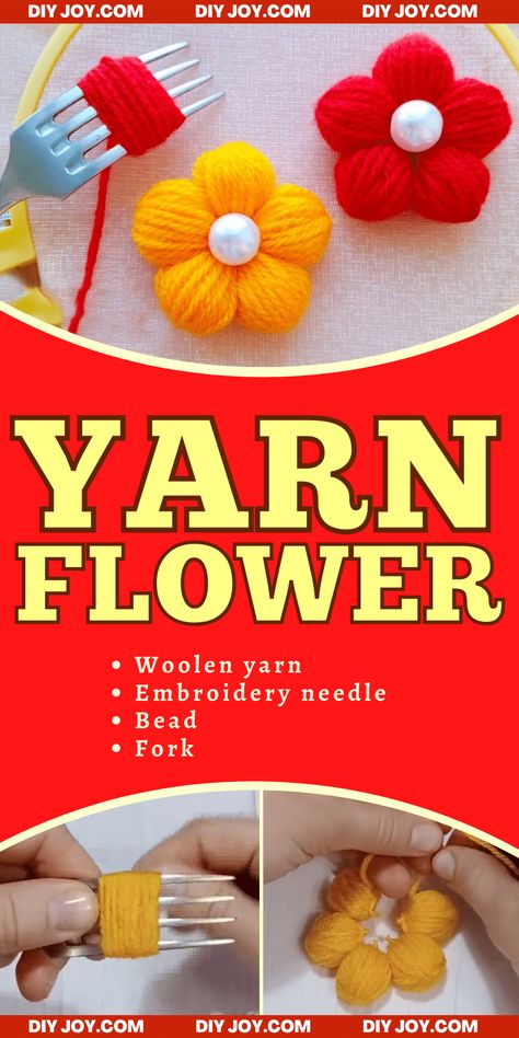 Yarn Daisy Diy, Crafts To Make Out Of Yarn, Knitting Flowers Easy, Fork Flowers Craft, How To Make Yarn Flowers, Yarn Flowers Diy Simple, No Sew Yarn Crafts, Yarn Flowers Diy How To Make, Quick Yarn Crafts