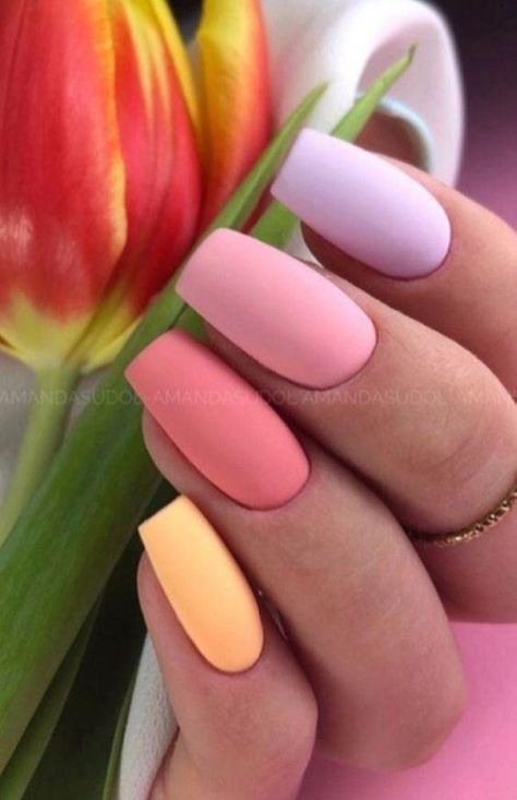 Multicolored Nails, Pastel Nails Designs, Matte Nails Design, Gel Nail Colors, Short Acrylic Nails Designs, Pastel Nails, Yellow Nails, Fire Nails, Short Acrylic Nails