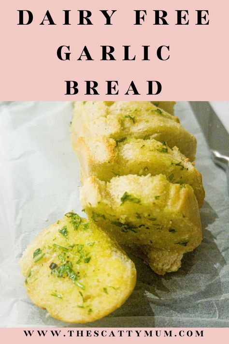 A garlic baguette with parsley sliced laying on greaseproof paper. Dairy Free Garlic Bread, Gluten Free Garlic Bread, Vegan Garlic Bread, Mushroom Pasta Bake, Nut Free Snacks, Dairy Free Snacks, Vegan Parmesan Cheese, Nut Free Recipes, Bacon Stuffed Mushrooms