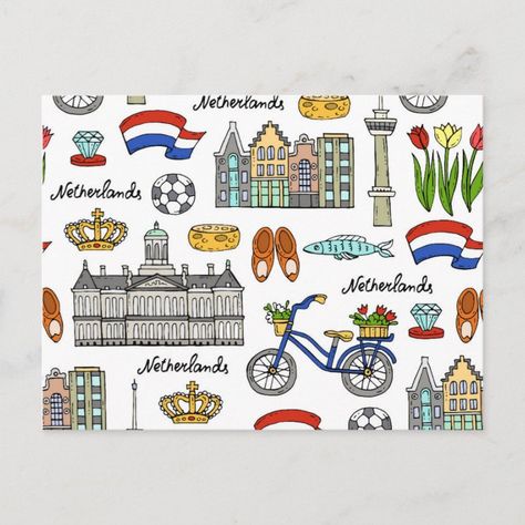 Netherlands School, Netherlands Drawing, Birthday Bullet Journal, Tea Time Illustration, Postcard Layout, Holland Netherlands, Blond Amsterdam, Ship Artwork, Kids Scrapbook