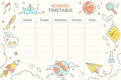 Hand drawn back to school timetable Prem... | Premium Vector #Freepik #vector #school #hand #education #student Time Table Ideas, Time Table Design, School Timetable Template, Timetable Design, Timetable Template, School Tables, School Timetable, School Badges, World Teachers