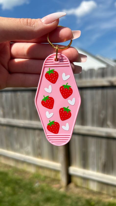 Strawberry Hearts Motel Keychain | Cute Keychain | House Keys | Retro Motel Keychain | Pink Keychain | Car Accessories | Gift for Her -  #accessories #Car #Cute #gift #Hearts #House #Keychain #Keys #motel #pink #Retro #Strawberry Motel Keychain Design, Vinyl Keychain Ideas, Motel Keychain Ideas, Retro Keychains, Retro Motel Keychain, Retro Motel, Keychain Pink, Car Accessory Gifts, Pink Keychain