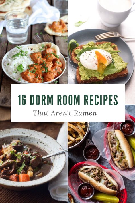 Be the envy of your college dorm, apartment or house with these 16 dorm room recipes that aren't Ramen! Healthy Dorm Food, College Cooking Recipes, College Dorm Food, Dorm Room Recipes, Dorm Room Cooking, College Dinners, Healthy College Meals, College Dorm Apartment, Dorm Room Food