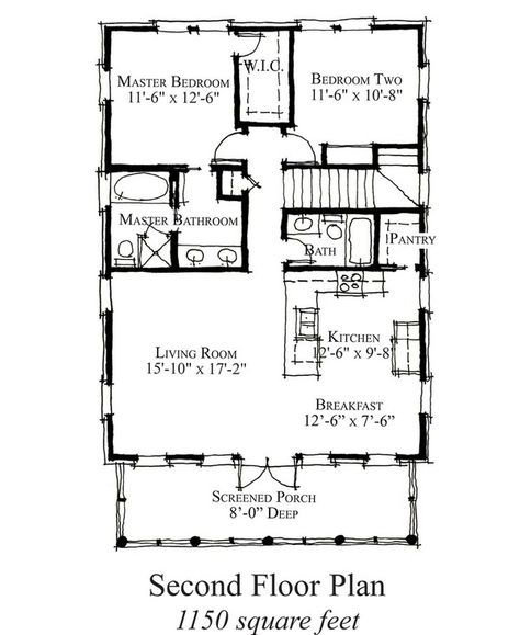 Country Style House Plan - 2 Beds 2 Baths 1150 Sq/Ft Plan #464-16 Floor Plan - Upper Floor Plan - I would get rid of the second tub and add a small Laundry and Powder Room combo. 40x50 Barndominium, Large Barndominium, Garage Barndominium, Metal Barndominium, Texas Barndominium, Barn Apartment, Bungalow Style House, Bungalow Style House Plans, Steel Framing