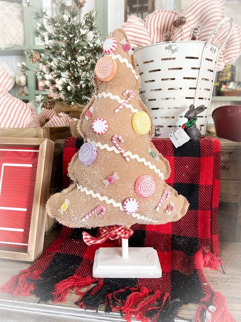 "Nothing beats a warm gingerbread cookie around Christmastime! Our original to us design, a gingerbread style fabric Christmas tree! Adorned with all things candy and sweets, this is the perfect adddition to your gingerbread theme decor!  Each tree is made to order, so treats and adornments will vary slightly.  Comes in 2 sizes, small measuring about 16-18\" tall, and large measuring roughly 24-28\" tall. LISTING IS FOR LARGE, 24\" - 28\"" Pink And Red Gingerbread Christmas Tree, Gingerbread Cone Tree, Gingerbread Man Diy Decor, Diy Gingerbread Christmas Tree, Gingerbread Patterns Printable, Diy Gingerbread Decor, Gingerbread Christmas Decorations Tree, Gingerbread Decorations Diy, Ginger Bread Tree