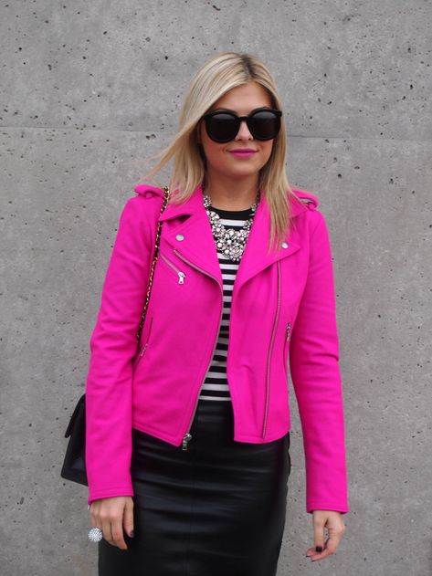 Hot Pink Moto Jacket Outfit, Hot Pink Jacket Outfit, Hot Pink Leather Jacket, Pink Leather Jacket Outfit, Ropa Color Neon, Pink Jacket Outfit, Taylor Necklace, Hot Pink Jacket, Jacket Outfit Ideas