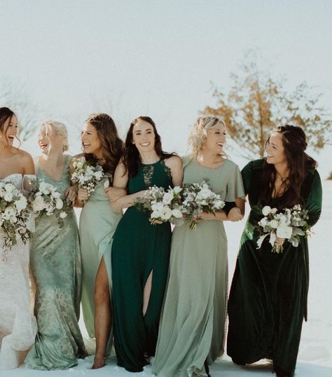 Enchanted Bridesmaid Dresses, Multi Color Green Bridesmaid Dresses, Mixed Bridesmaid Dresses, Bridesmaids Outfits, Brunette Bride, Winter Wedding Bridesmaids, Casual Bridesmaid Dresses, Bridal Parties Colors, Dark Green Bridesmaid Dress