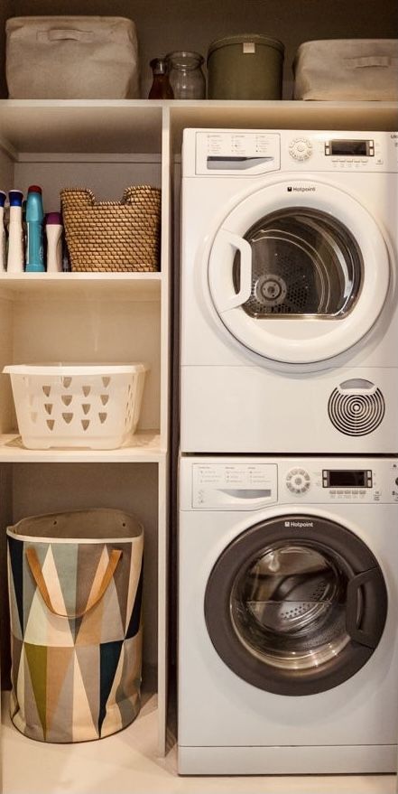 Small Laundry Cupboard Ideas, Laundry Closet Ideas Stackable, Laundry Cupboard Ideas, How To Organize Garage, Organize Garage, Laundry Cupboard, Small Utility Room, Laundy Room, Stacked Laundry Room