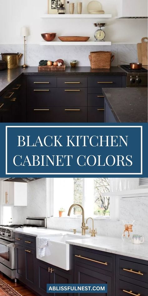 Embrace the dramatic allure of black kitchen cabinet colors and create a space that's both luxurious and inviting. Explore a curated collection of stunning kitchens showcasing the versatility of black cabinets in various design styles. From modern farmhouse to contemporary chic, discover how black can be incorporated to create a truly unique and captivating space. Let these inspiring ideas ignite your creativity! #kitchenremodel #homeideas #blackcabinets Black Cabinets Kitchen Black Counter, Black Cabinet With Black Countertop, Modern Kitchen With Black Cabinets, White Counters Black Cabinets, Painting Kitchen Cabinets Black Diy, Black Lowers White Upper Cabinets, Black And Tan Kitchen Cabinets, Black Kitchen Cabinets With Stainless Steel Appliances, Black Stain Cabinets Kitchen