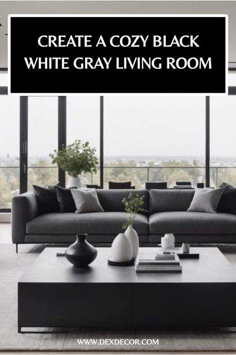 Modern living room with black, white, and gray decor, featuring a gray sofa, black table, and minimalistic vases. Grey White Interior Design, White Grey Black Living Room, Grey White And Black Living Room, Black White Gray Living Room, Living Room Designs Modern Luxury Grey, White Gray Living Room, White And Gray Decor, White And Gray Living Room, Black White And Grey Living Room