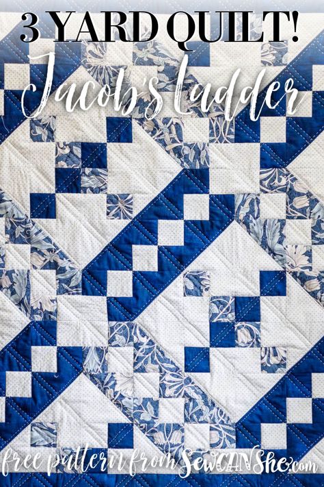 Free 3 Yard Quilt Pattern: Jacob's Ladder : SewCanShe Free Sewing Patterns for Beginners Ladder Quilt Pattern, 3 Yard Quilt Patterns, Free Quilt Patterns Printables, Blue Quilt Patterns, Amish Quilt Patterns, Quilt Diy, Quilt Blocks Easy, Sewing Quilts, Blue Quilt