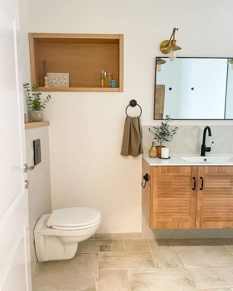 Wood Bathroom With Tiled Floors - Soul & Lane Floating Wood Vanity, Niche Shelf, 2024 Planning, Niche Shelves, Cosy Bathroom, Gray Tiles, Tiled Floors, Neutral Bathroom, Rectangular Wall Mirror