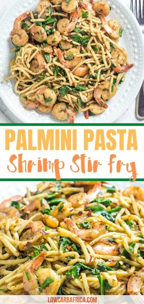 This palmini pasta shrimp stir fry is the real deal! It makes a perfect low carb and keto family friendly dinner. This recipe is paleo, gluten-free, low carb and keto. | LowCarbAfrica.com Stir Fry Shrimp Recipes, Pasta Shrimp, Shrimp Stir Fry, Lean And Green Meals, Low Carb Pasta, Recipes Pasta, Bariatric Recipes, Healthy Low Carb Recipes, Shrimp Pasta