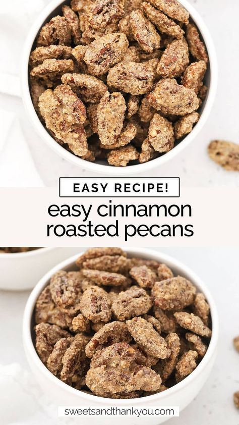 Our old-fashioned cinnamon roasted pecans recipe is so easy to make! You only need 6 ingredients and a few minutes to get started! homemade cinnamon pecans / cinnamon sugar pecans recipe / cinnamon sugar candied pecans / roasted cinnamon pecans / cinnamon sugar roasted pecans / Sugar Roasted Pecans, Cinnamon Roasted Pecans, Pecans Roasted, Roasted Pecans Recipe, Gluten Free Desserts Thanksgiving, Snack Pairings, Cinnamon Sugar Pecans, Sugar Pecans, Glazed Pecans