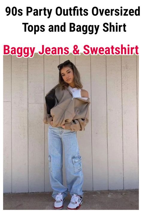 90s Party Outfits Oversized Tops and Baggy Shirt 90 Aesthetic Outfit, Baggy 90s Outfit, 90s Baggy Jeans Outfit, 90s Party Outfits, 90s Party Theme, Jeans And Crop Top Outfit, Decades Outfits, 90s Outfit Party Hip Hop, 90s Outfits Party