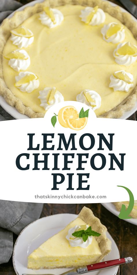 Best Lemon Chiffon Pie Recipe - A light, airy lemon pie recipe nestled in a buttery pie crust. A cool, creamy dessert that hits the spot on a warm day!!! Chiffon Pie Recipe, Lemon Pies, Lemon Chiffon Pie, Yummy Pies, Chiffon Pie, Lemon Pie Recipe, Lemon Cream Pies, Peach Dessert, Lime Desserts