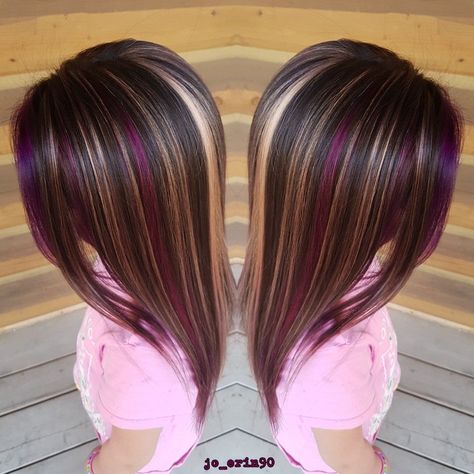 Highlights With Purple Lowlights, Purple And Blond Highlights, Brown Hair With Blonde And Purple Highlights, Purple Blonde Black Hair, Dark Brown Hair With Blonde And Purple Highlights, Purple Blonde And Brown Hair, Purple Highlighted Hair, Blonde And Violet Highlights, Dark Brown Hair With Purple Underneath