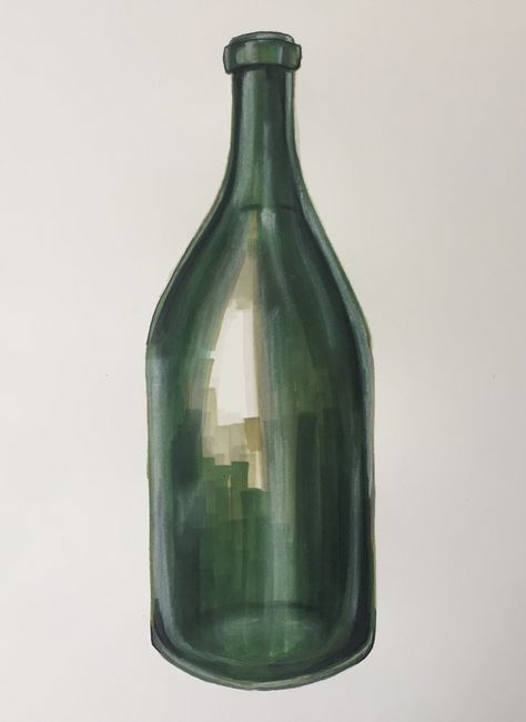 Green Bottle Drawing, Marker Still Life, Glass Bottle Acrylic Painting, Promarker Art, Bottle Sketch, Rendering Drawing, Bottle Drawing, Life Drawing Reference, Green Glass Bottles