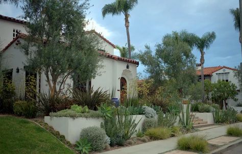 terraced Spanish Colonial Revival house & garden | A Growing Obsession Terraced Landscaping Front Yard, Spanish Landscaping, California Hacienda, Mission Revival, Colonial Revival House, Spanish Exterior, Spanish Courtyard, Spanish Colonial Revival, Spanish Colonial Homes