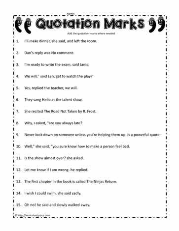 Quotation Mark Worksheet Indirect Quotes, Punctuation Worksheets, Quotation Mark, Speech Marks, Kindergarten Addition Worksheets, 3rd Grade Writing, 4th Grade Writing, Writing Prompts For Kids, Quotation Marks