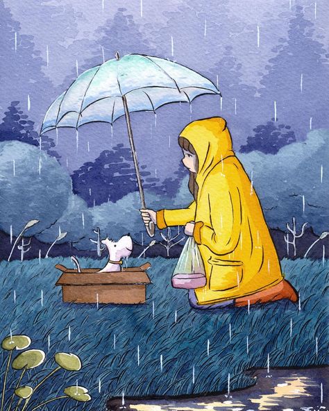 Yiniya on Instagram: ““Together in Rain” ink illustration is just finished! Unfortunately the illustration is a bit too long to fit into one Instagram screen so…” Rainy Day Drawing, Monkey Drawing, Rainy Day Aesthetic, Rain Painting, About A Girl, Ink Illustration, 캐릭터 드로잉, Seasons Art, Beginner Painting