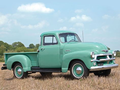 Senior year of high school. I really wanted an old Willy's Jeep, but the 54 Chevy was an odd find. No emergency brake, no heater, middle of winter. Floor start. Try using both feet to start and hold the truck on a hill. Pretty went through anything, had a railroad tie for a front bumper. Tuned it by ear. What a ridiculous vehicle. Chevrolet Auto, 1954 Chevy Truck, Vintage Chevy Trucks, Vintage Pickup, Chevy Classic, Vintage Pickup Trucks, Country Barns, Custom Chevy Trucks, Pick Up Truck