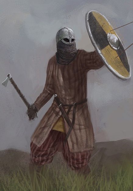 Artists impression of a viking warrior. It is quite realistic, as he wears a gambeson, rather than chainmail, which only few people could afford. The axe with the small head, for close combat, or throwing, is also spot on, as way too often artist tend to draw ridiculously huge weapons! http://www.deviantart.com/art/Medieval-warriors-265764026 Slavic Warrior Art, Viking Gambeson, Viking Chainmail, Viking Warrior Art, Slavic Warrior, Medieval Warriors, Art Medieval, Art Viking, Viking Character