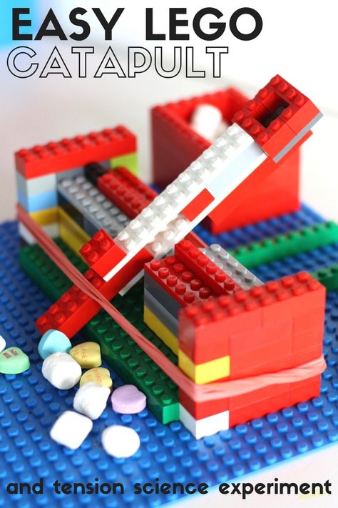 How to build an easy catapult for kids and learn about tension. Build a simple LEGO catapult with basic bricks. Fun STEM activity for kindergarten and grade school kids. Easy Catapult, Lego Catapult, Catapult For Kids, Lego Crafts, Lego Camp, Kids Stem Activities, Activity For Kindergarten, Lego Challenge, Lego Club