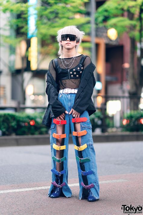 Handmade Japanese Streetwear in Harajuku w/ Ash Grey Hair, Layered Tops, Handmade Cutout Jeans w/ Rainbow Straps, Kawi Jamele & Bershka Cooler Outfits, Cutout Jeans, Style Themes, Rainbow Belts, Japan Fashion Street, Unique Clothes, Clothing Reference, Harajuku Fashion Street, Fashion Student