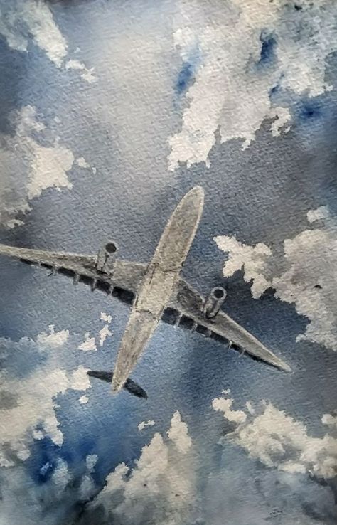 Watercolour painting Plane in the sky #plane #sky #clouds Plane In The Sky, Disney Princess Films, Airplane Painting, Airplane Drawing, Watercolor Clouds, Crow Art, Watercolor Sky, Airplane Art, Watercolor Paintings For Beginners