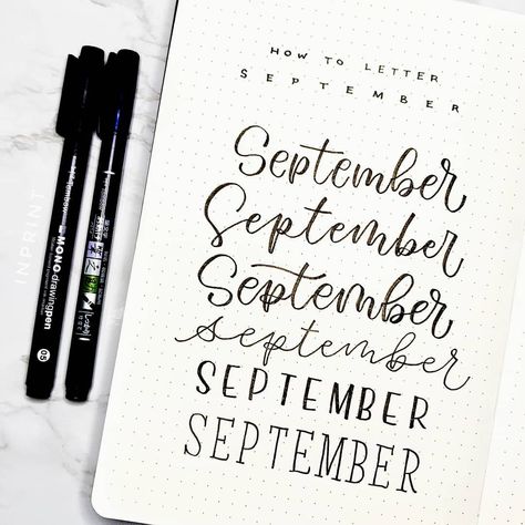 How To Write September In Calligraphy, Month Hand Lettering, Bujo Monthly Cover September, September Hand Lettering, September Font Hand Lettering, September Header, September Bujo Theme, Calendar Lettering, September Calligraphy