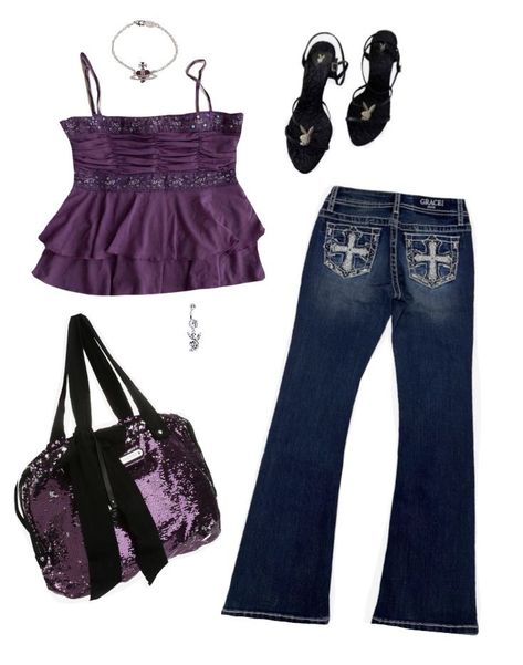 #inspiration #outfits 2000s Fashion Inspiration, Mcbling Fashion, Trashy Outfits, 2000s Outfit, Outfits 2000s, 2000s Clothes, Downtown Outfits, 2000s Outfits, Purple Outfits